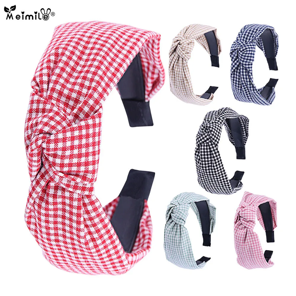 Повязка для волос с бантом Женская широкий обруч узлом в клетку аксессуар на