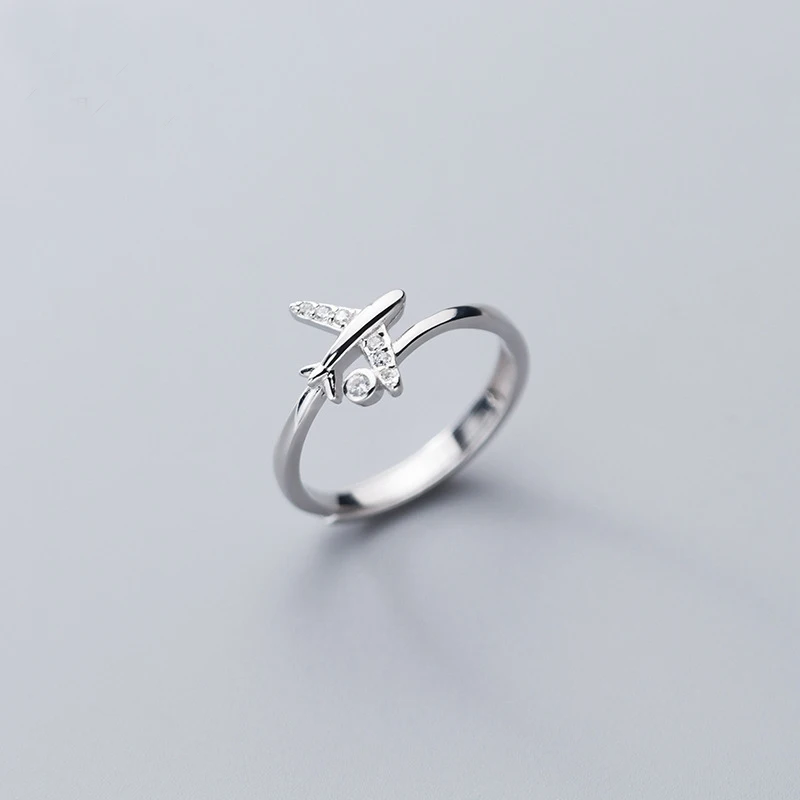 

100% Real 925 Sterling Silver Plane Open Rings Cute Zircon Airplane Adjustable Rings for Women Girls