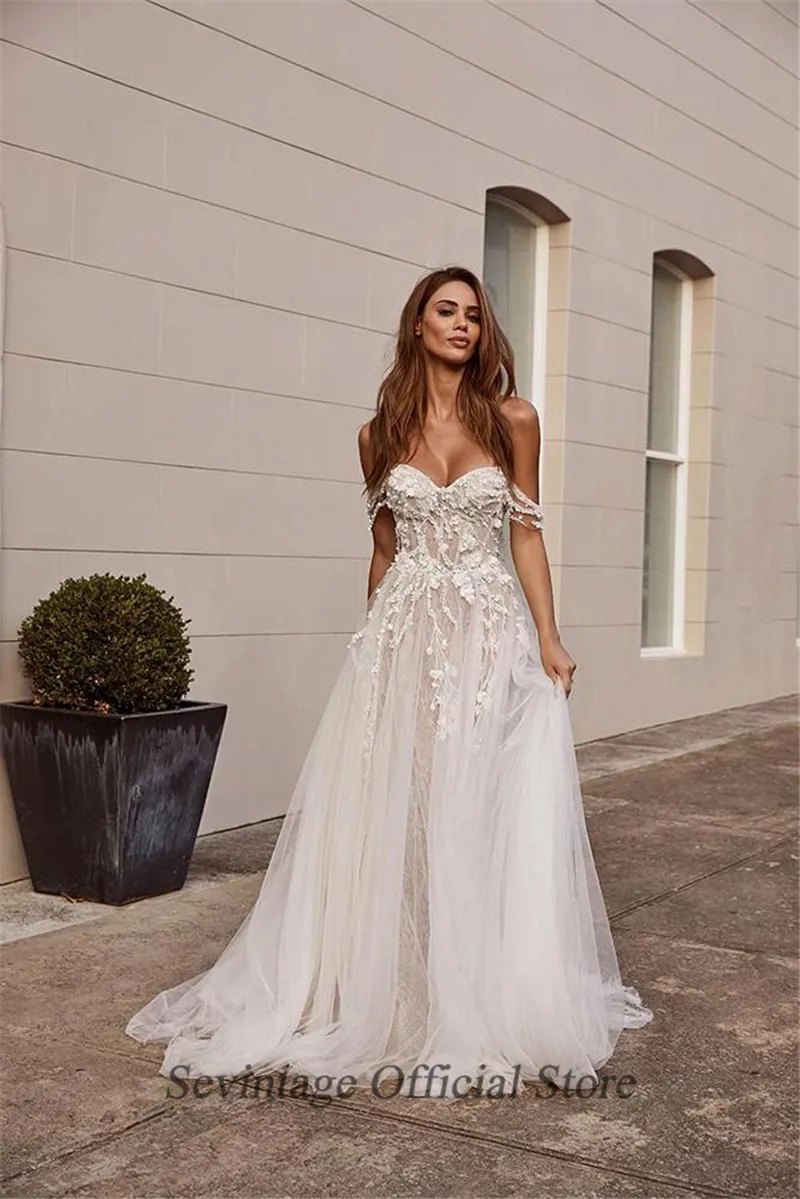 Sevintage кружевные свадебные платья в богемном стиле с открытыми плечами аппликация