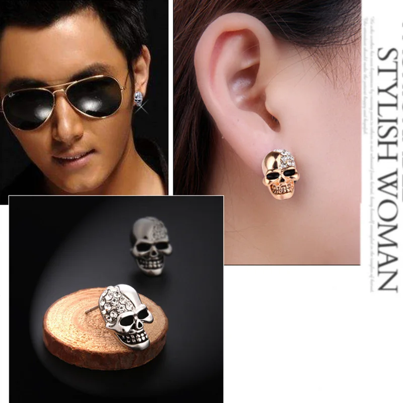 

French Fashion Design Alloy Inlaid Diamond Skull Earrings Men Women Hip Hop Rock Style Vintage Jewelry Couple Gift Accessories