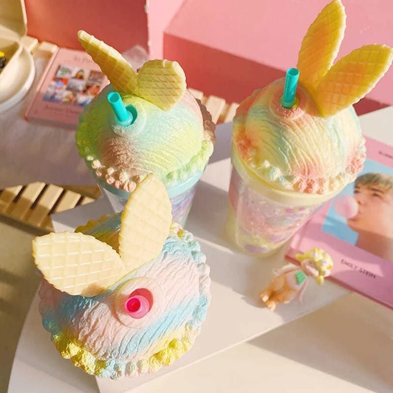 

450ml Cute Cold Water Bottle With Straw Plastic Ice Cream Drinking Cup Creative Juice Milk Bottles Keeps Cold For Girl BPA Free