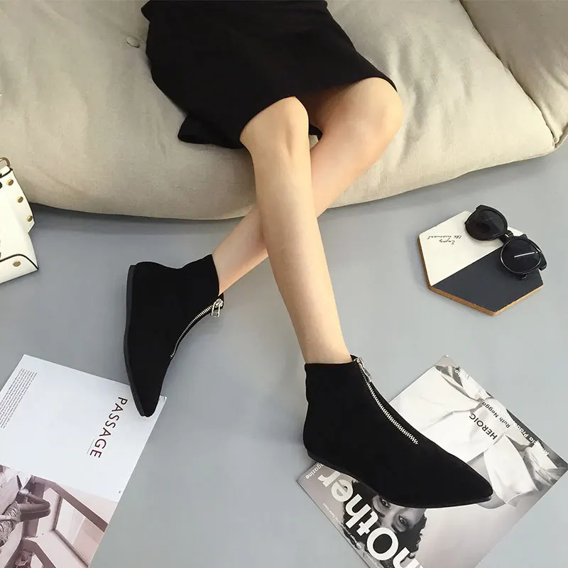 2020 флоковые ботильоны Женская Удобная зимняя обувь Нубук Молния спереди Плоская