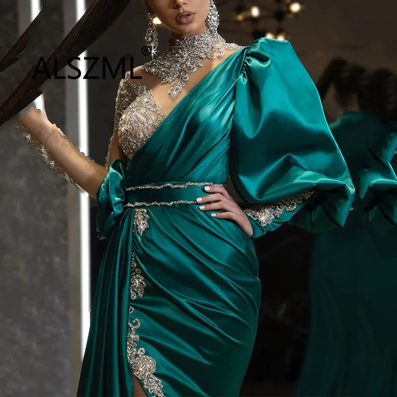 Косым Воротником Зеленая куртка с длинным рукавом и разрезами длинное платье