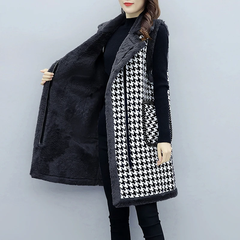 Осень Зима Новый клетчатый длинный шерстяной жилет для женщин плюс бархатный