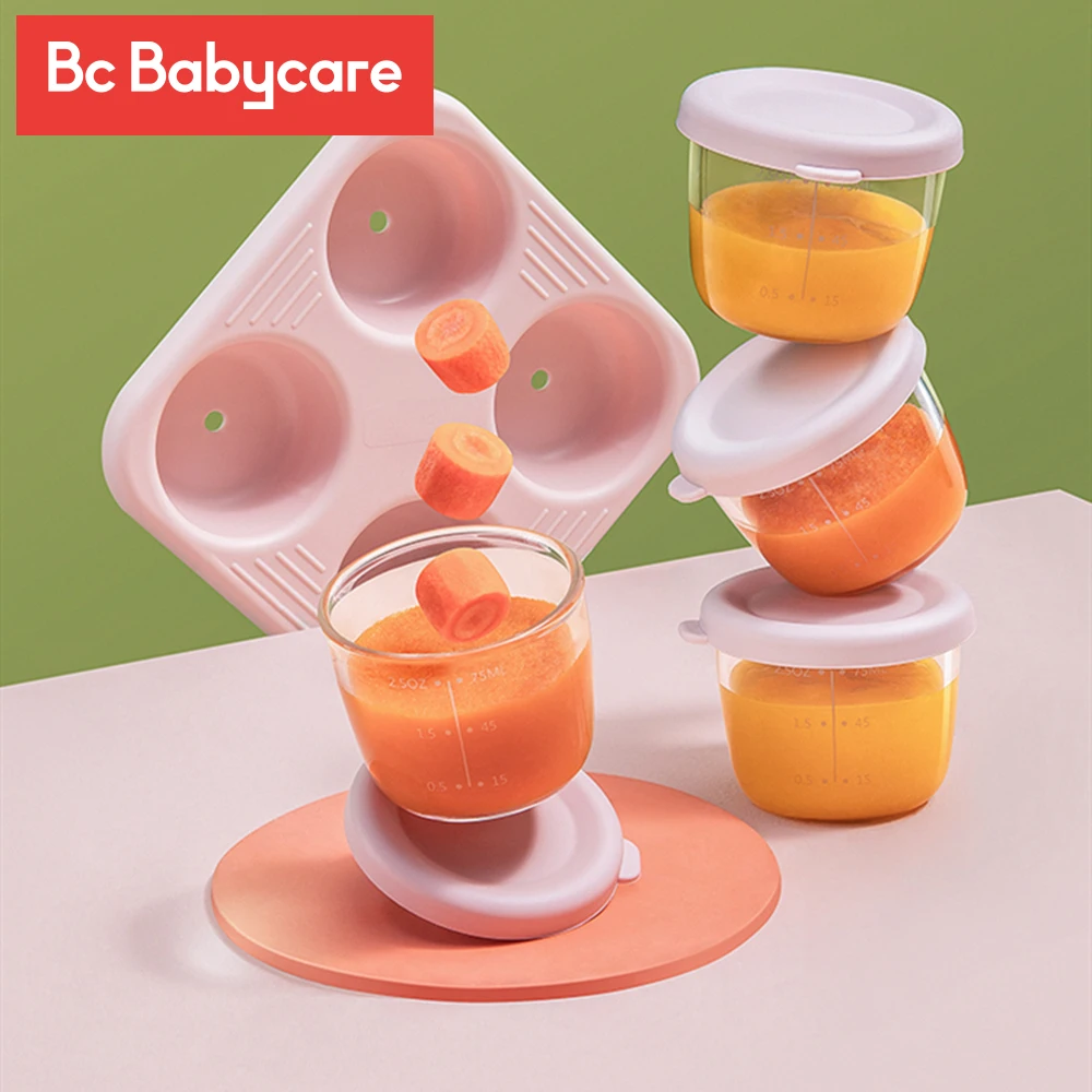 

BC Babycare 4pcs 2oz Baby Infant Glass Breast Milk Freezer Microwave Complementary Food Storage Containers Fruit Snack Box Kids