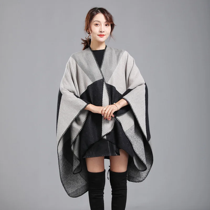 

150x130cm Out Streetwear Fashion Big Pendulum Warm Shawl Autumn Winter Long Faux Cashmere Poncho Women Plaid Loose Thicken Coat