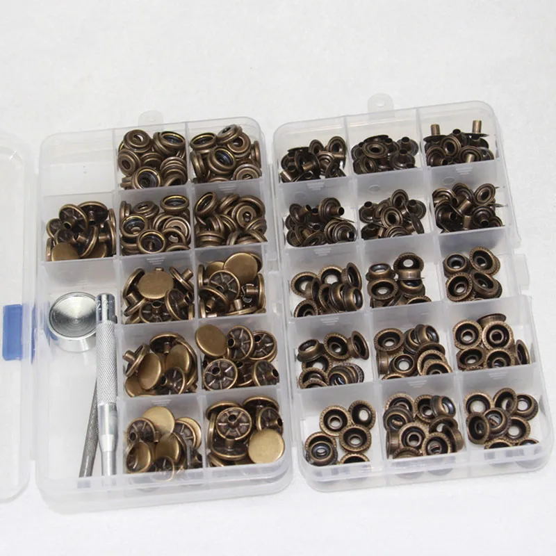 15MM metal leather stud snap buttons for jeans 100 sets of boxed gun color button four to one buttons+ repair tools set sewn | Дом и сад