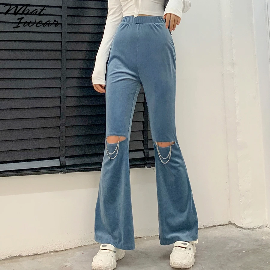 Женские повседневные модные длинные расклешенные брюки с дырками и высокой