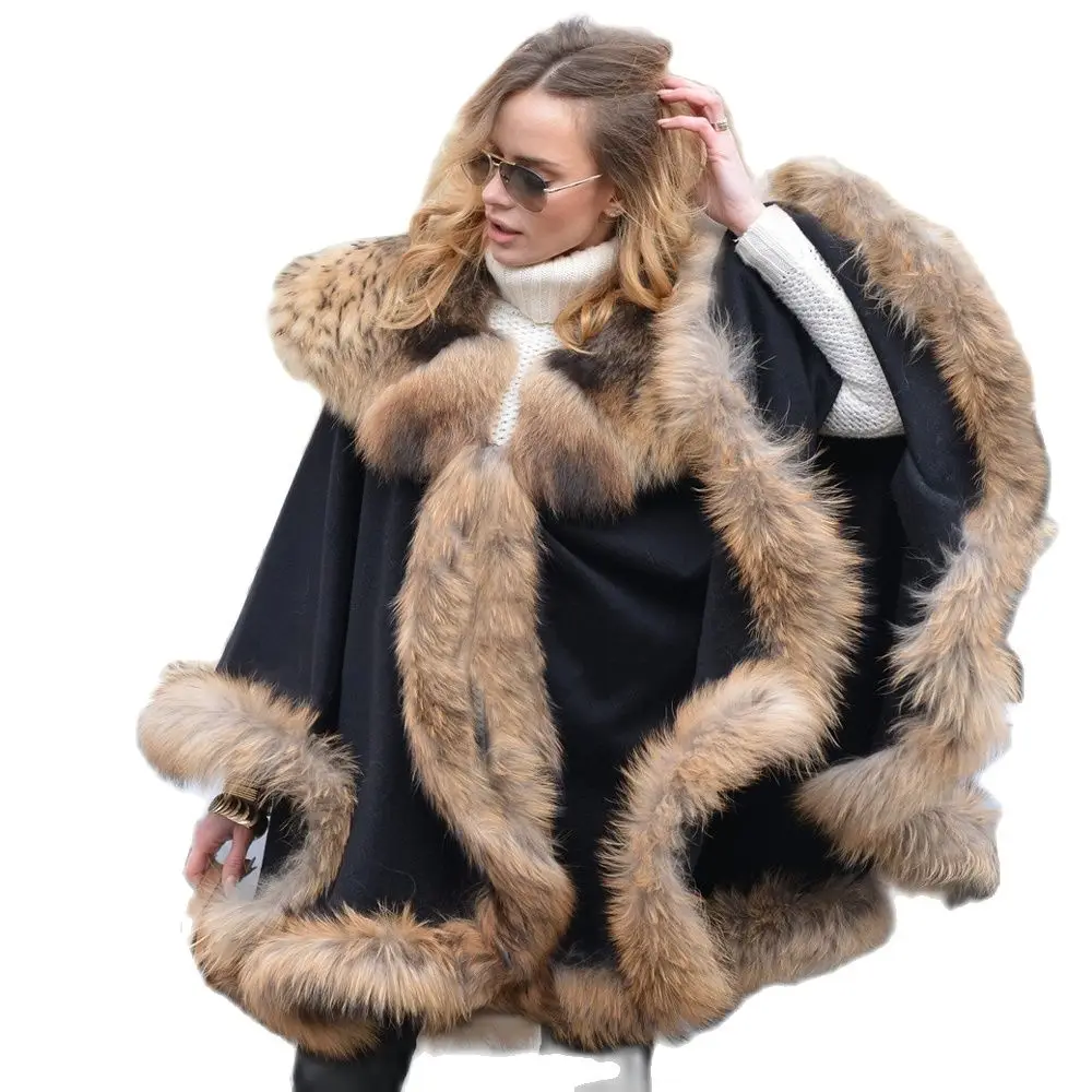 Women Natural Fur Coats Winter New Whole Skin Genuine Raccoon Dog Fur Collar Cashmere Capes Fashion Wool Blends Fur Ponchos