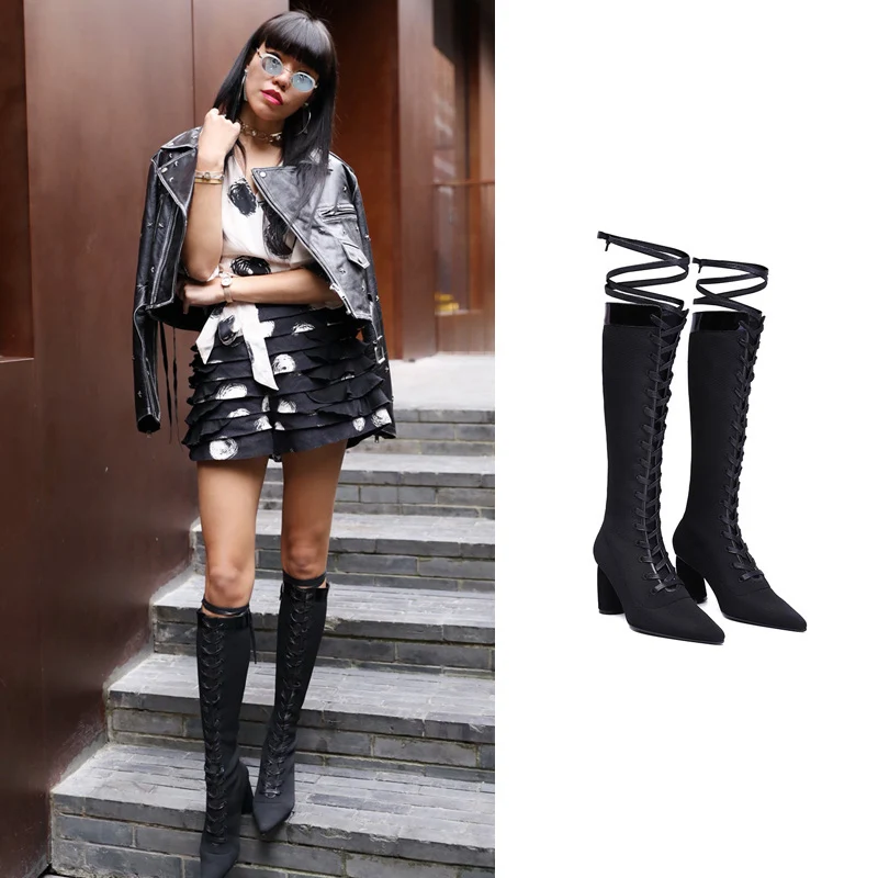 Harga Sepatu Bot Setinggi Lutut Wanita Musim Gugur Musim Dingin Sepatu Hitam Rajutan Sepatu Wanita Ukuran Plus Berenda Hak Chunky Tinggi Ujung Lancip T49