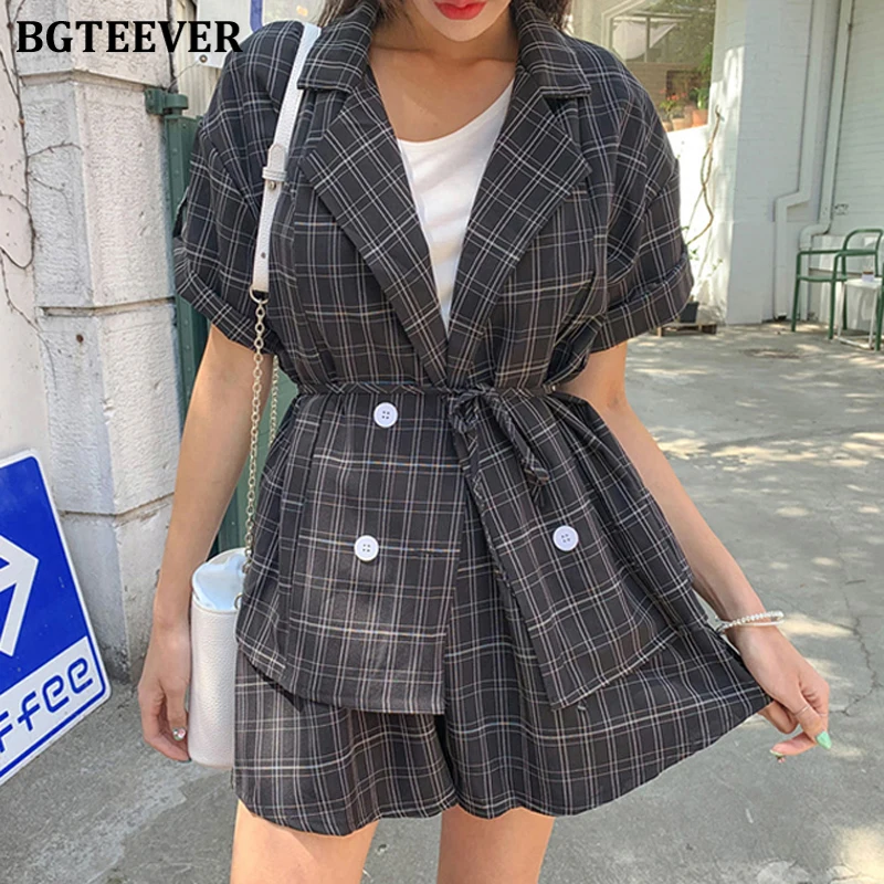 Женский клетчатый костюм BGTEEVER комплект из двух предметов двубортный пиджак и
