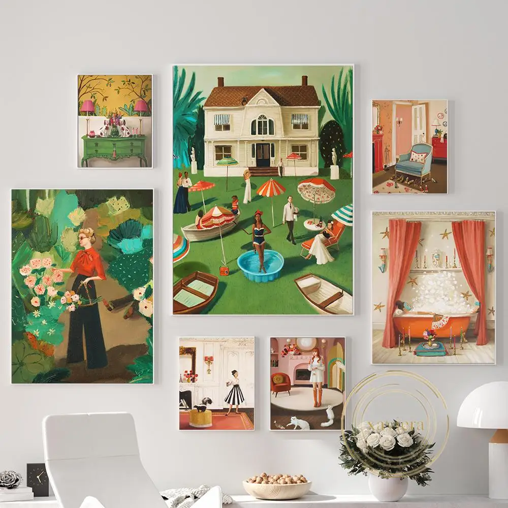 

Fashion Lady Cartoon Poster Garden Party Wall Art Canvas Painting Nordic Retro Picture Home Decoration Living Room Bedroom