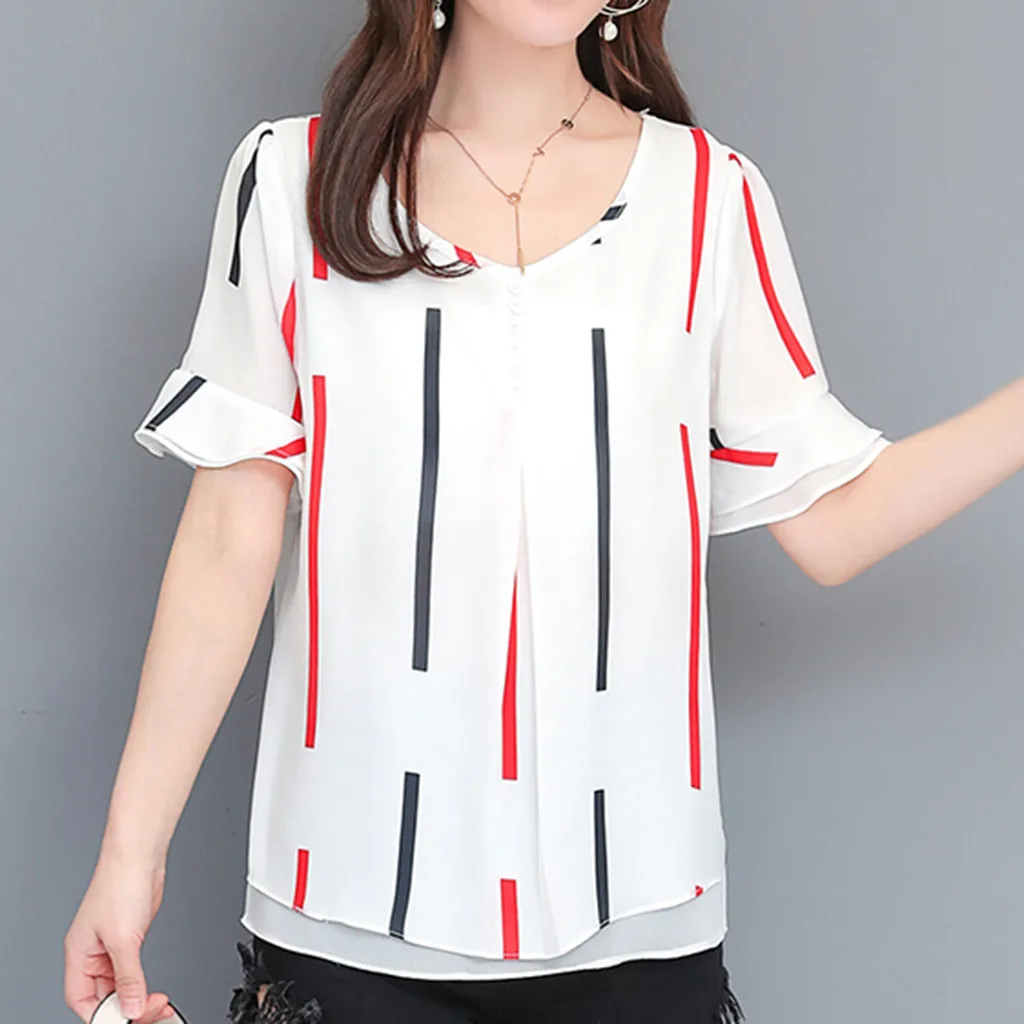 Летняя шифоновая блузка в горошек с цветочным принтом полоску женская рубашка