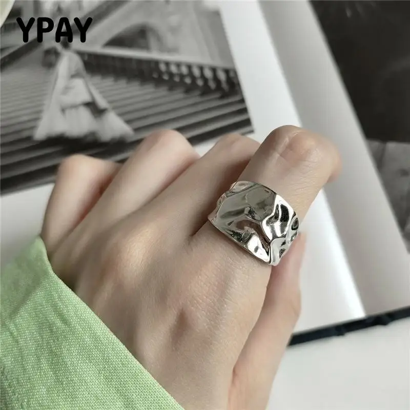 

YPAY Genuine 925 Sterling Silver Ring Korean Wide Irregular Special-shaped Open Rings Women Men Fine Party Jewelry Gifts YMR852
