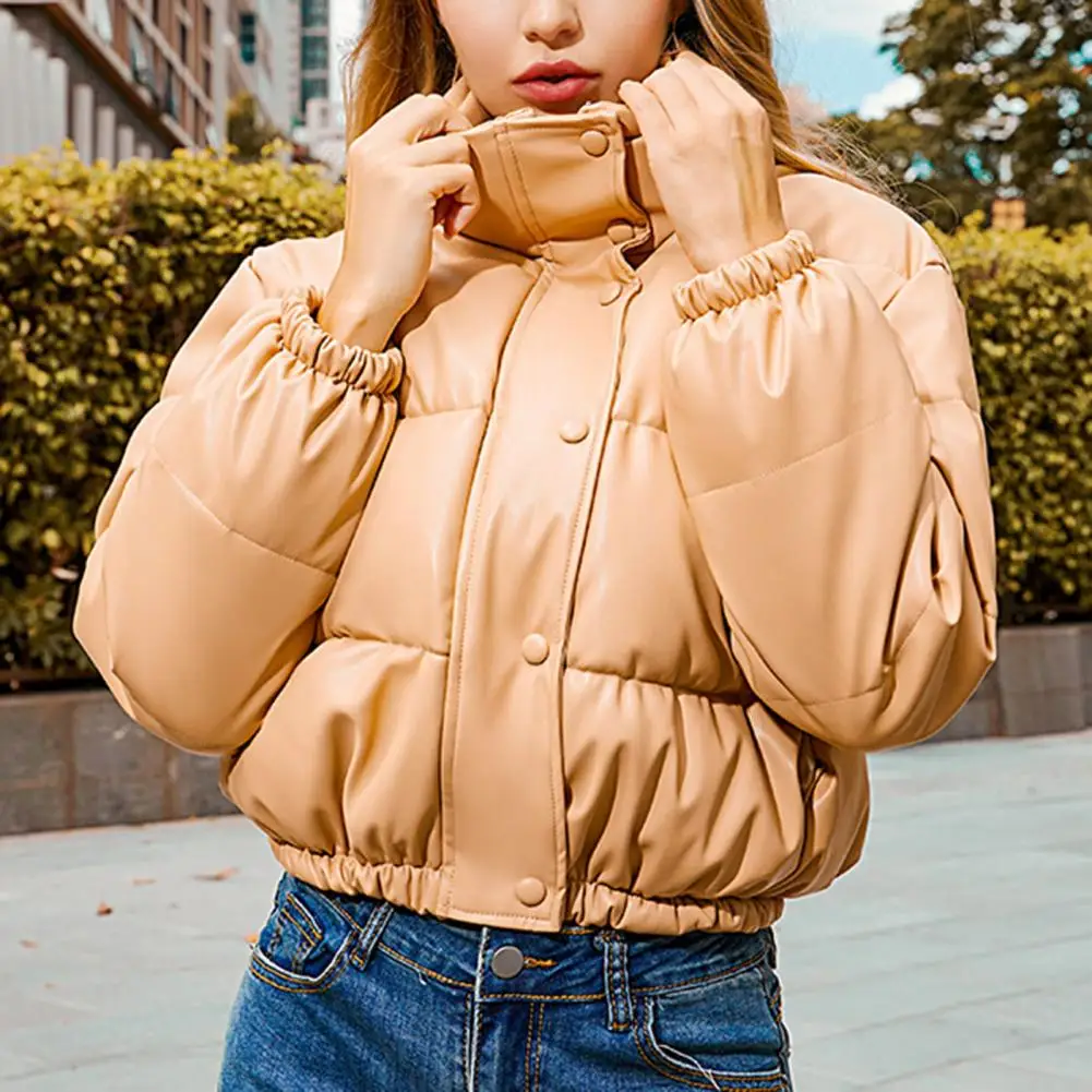 Comfy  Casual Solid Color Stand Collar Thick Jacket Women Winter Coat Stand Collar   for Daily Wear