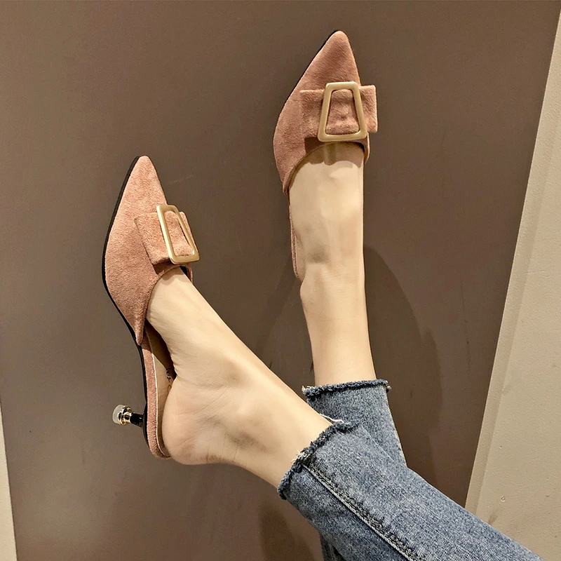 

2021 Cover Pointed Toe Women Shoes Woman Slippers Summer New Fashion Solid Flock Buckle High Heels Ladies Casual Shoes Slides