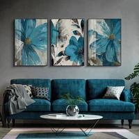 vintage blue paint flowers canvas painting abstract poster blooming life botanical print wall art picture living room decoration