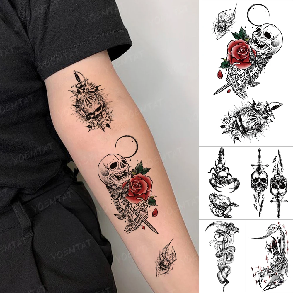 

Skull Rose Temporary Tattoo Stickers Spider Cross Scorpion Snake Old School Waterproof Tatoo Body Art Cool Stuff Tatto Men Women