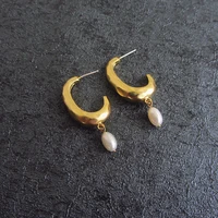 cc shape real pearl drop earrings brass with 18k gold women jewelry party t show gown runway rare korean japan trendy ins