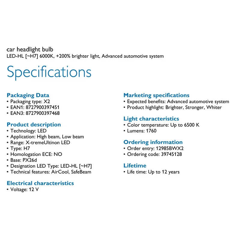 Philips 12 V H4 H7 H11 HB3 HB4 H1R2 9005 9006 9012 6000 K + 200% более яркие фары H8 H16 противотуманная