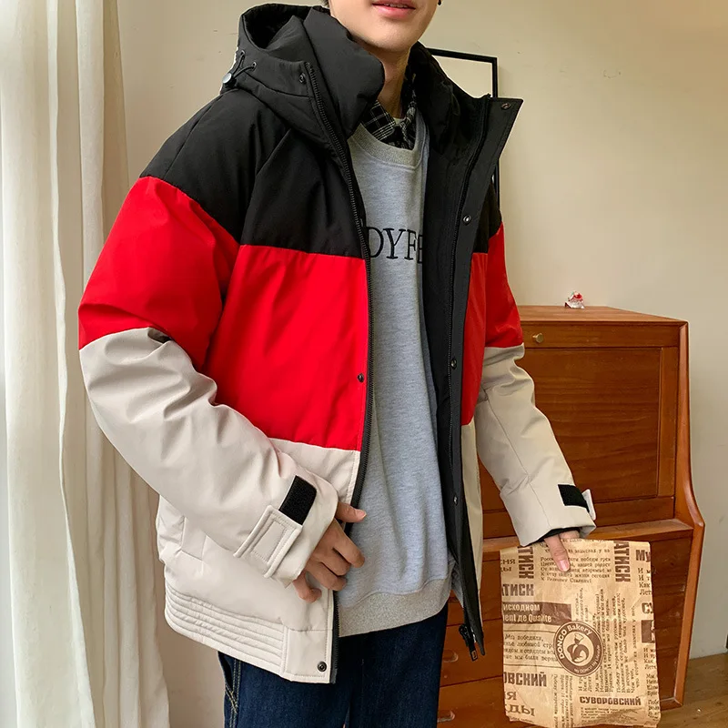 

Autumn & Winter New Trend Casual Wild Plus Size Loose Fashion Color Matching Thickening Men Hooded Down Jacket Free Shipping