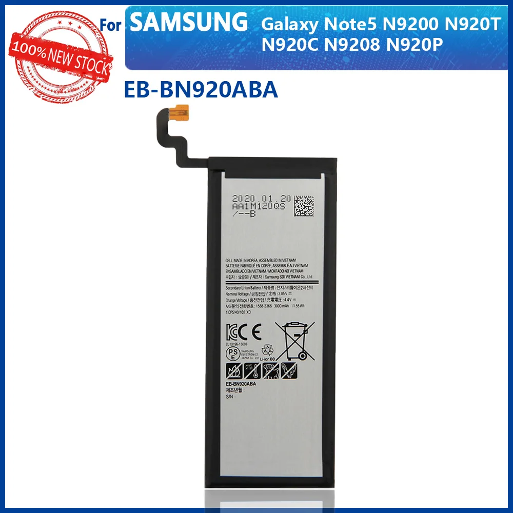 

100% Original EB-BN920ABA EB-BN920ABE 3000mAh For Samsung GALAXY Note 5 SM-N9208 N9208 N9200 N920t N920c Note5 Phone Battery