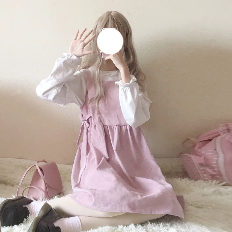 

Japanese New Kawaii Lolita Dress Women Soft Girl Kawaii Cute Retro Sweet Bow Tie Corduroy Jsk Dress Plus Velvet Long Sleeve Base