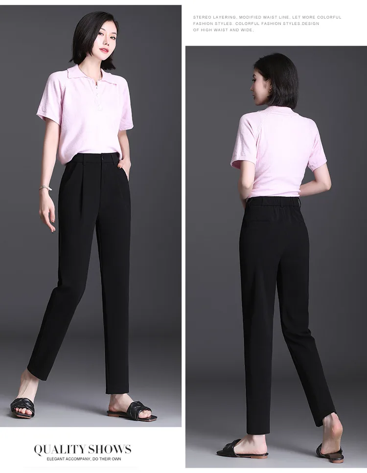 

Fashion Suit Pants Women Summer Korean High Waist Slim Casual Straight Trouser Office Lady Elegant Plus Size Black Work S126