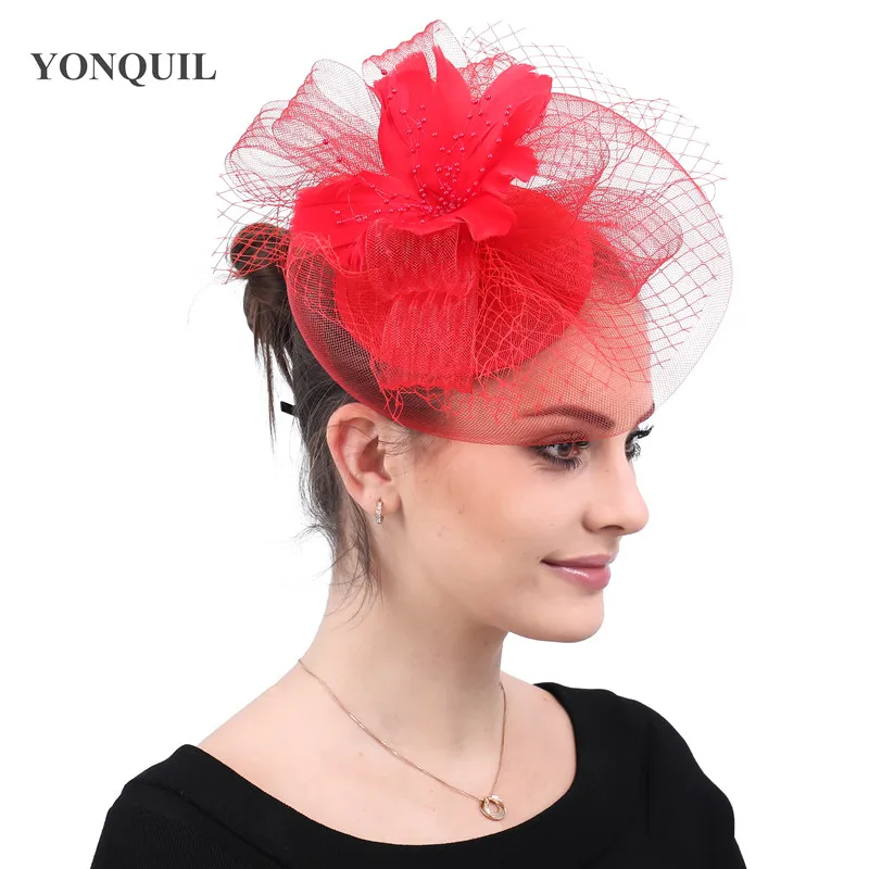 

Elegant Bride Red Wedding Headwear Women Hair Fascinator Hat Fashion Mariage Bridal Ladies Party Headdress Veils Hair Accessory