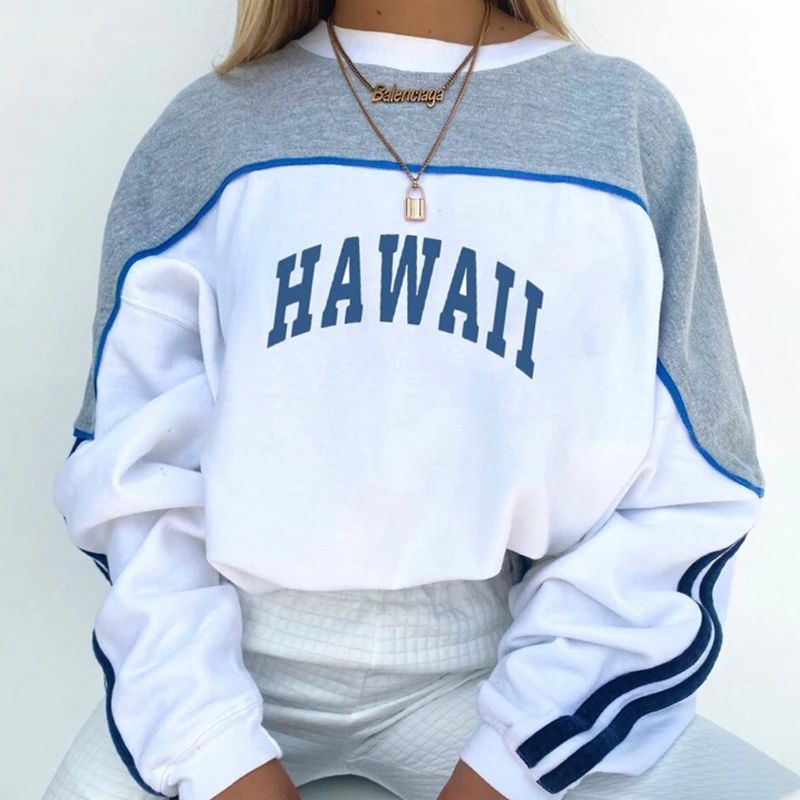 

Casual Clothes Designer Gray White Contrast Letter Print Vintage Oversized Sweatshirt Women Fashion Girls Streetwear Winter Tops