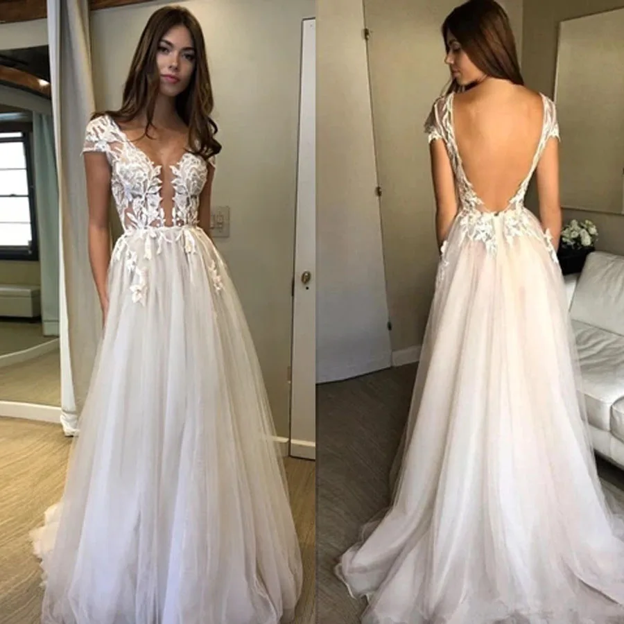 

Modest Scoop Neckline Cap Sleeve Lace Applique Split Illusion Tulle A-line Wedding Dress Backless Sweep Train Bridal Dress
