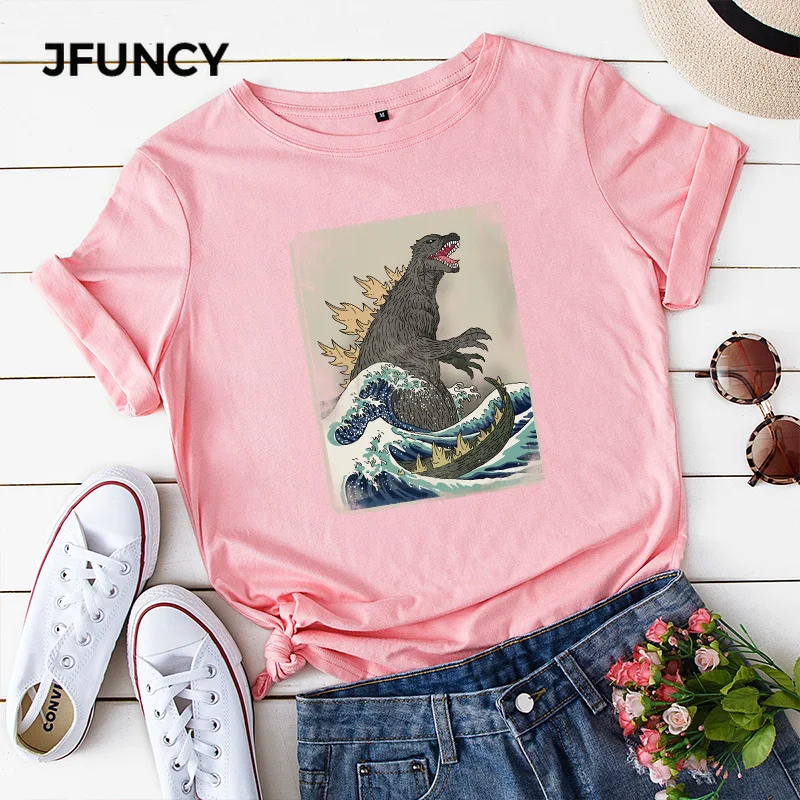 JFUNCY 2021 New Cotton Summer Women's Tops Dinosaur Monster Cartoon Printed Woman Shirts  Short Sleeve Female Tshirt