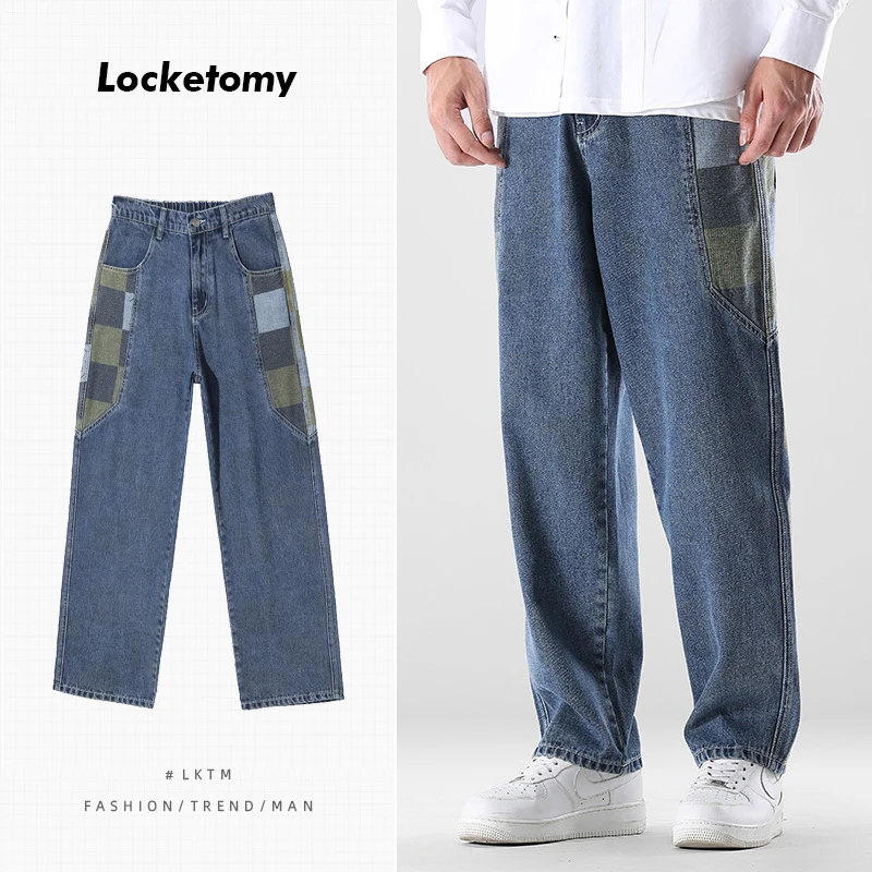 

New Style Men's Jeans Loose Check Print Stitching Straight Mopping Trousers Large Size Streetwear Men's Trousers Мужские джинсы