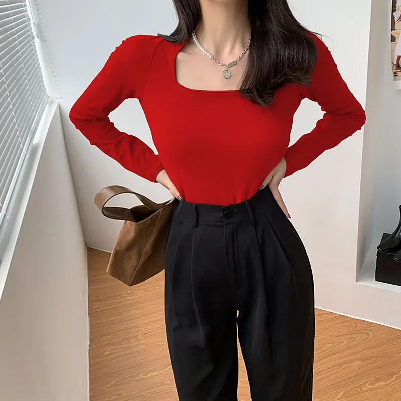 Женская зимняя футболка с длинным рукавом квадратным воротником и