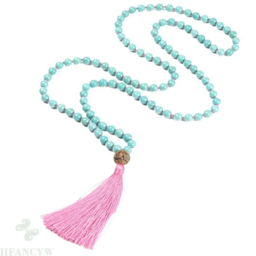 

6MM turquoise Gemstone 108 Beads Tassel Mala Necklace Tassel Wristband energy Lucky new Chakas Tibet silver Buddhism cuff