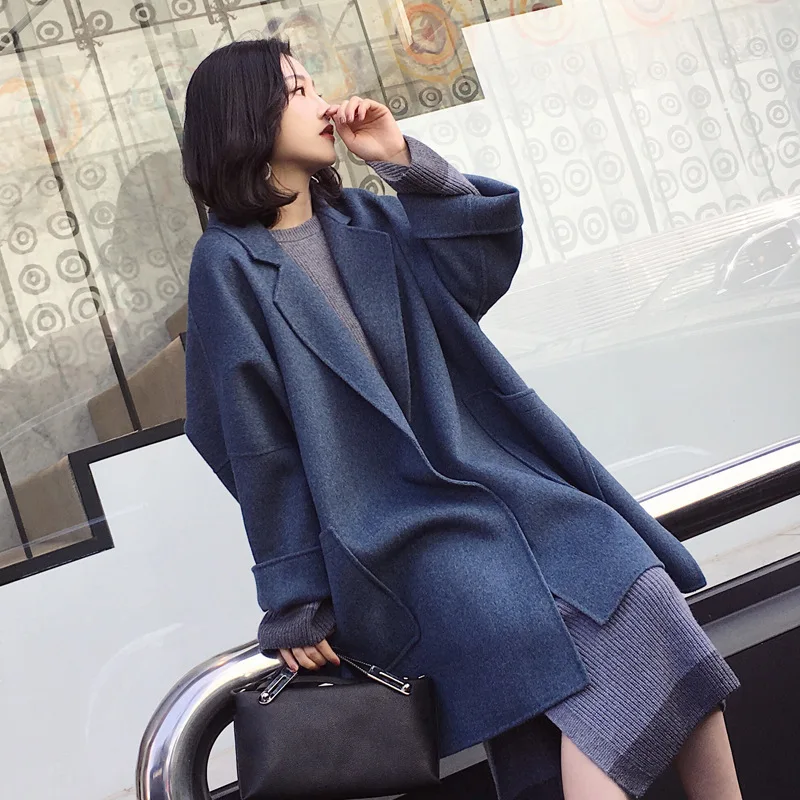 blue Новая осенняя и зимняя шерстяная куртка женское свободное корейское кашемировое пальто шерстяное пальто средней длины женское NS1449 - Цвет: blue