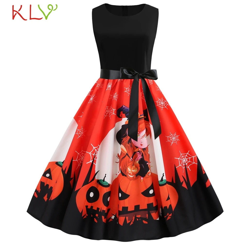 Женское платье на Хэллоуин костюмы без рукавов с принтом тыквы платья до