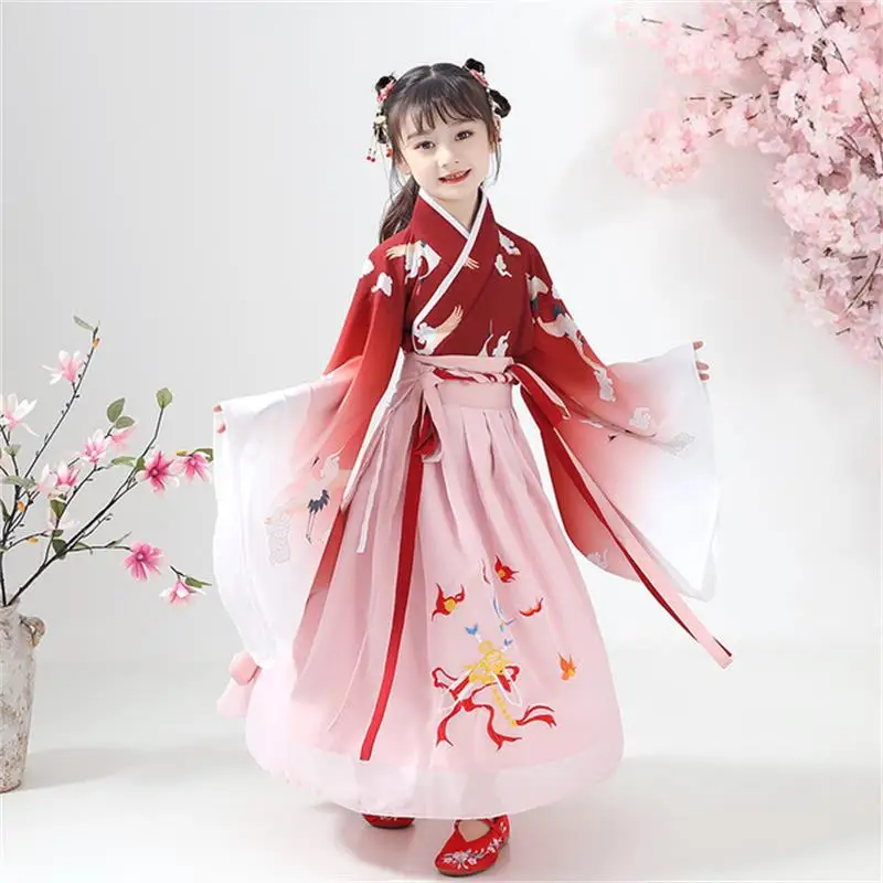 

Детский костюм Hanfu в стиле Тан, сценическая сказочная Одежда для девочек, костюм для древнего танца, традиционный китайский национальный ко...