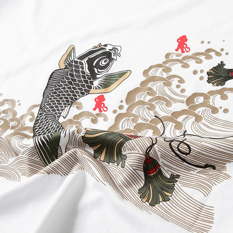 

Lyprerazy Short Sleeve Japanese Chinese Male Hip Pop Tops Tee Men Harajuku Style Brocade Carp Fish Sun Wukong PrintT-Shirt