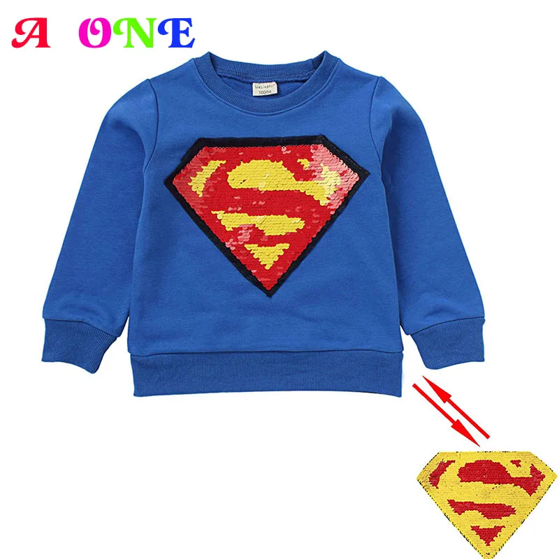 Осенне весенняя футболка с блестками и супергероем свитером Новая модная