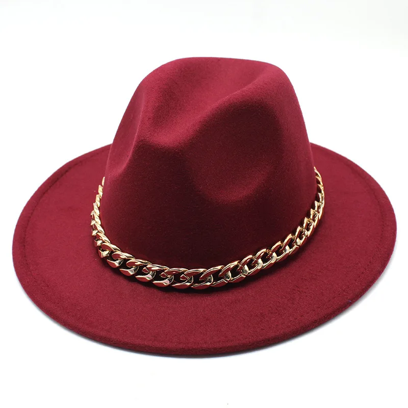 

European American Big Chain Fedoras Fuax Woolen Brim Felt Cap Jazz Men Women Hat