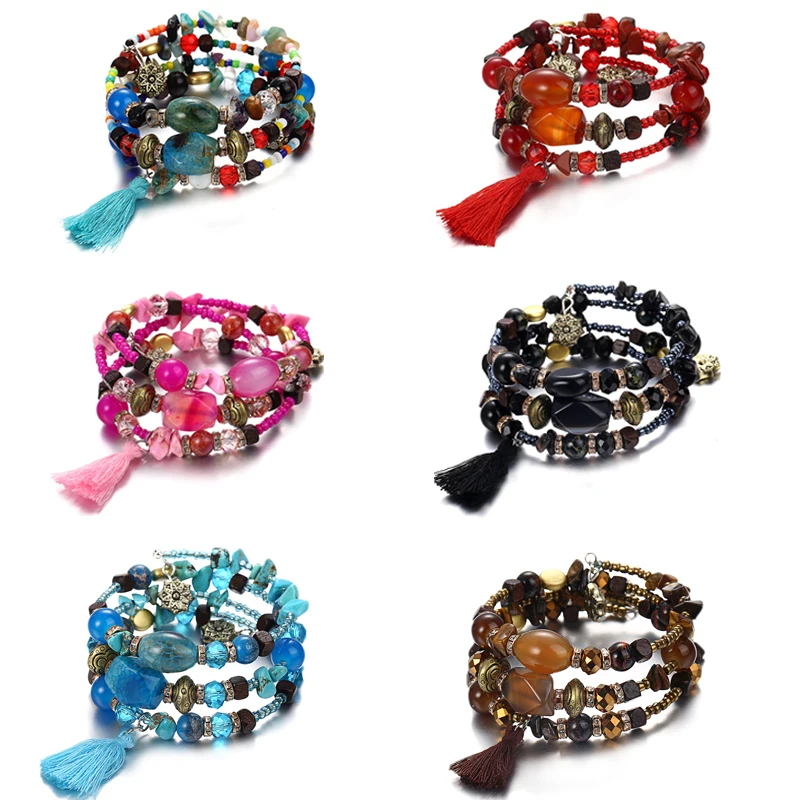 Многослойные в стиле бохо кристалл каменный шарик шарм браслет Богемия