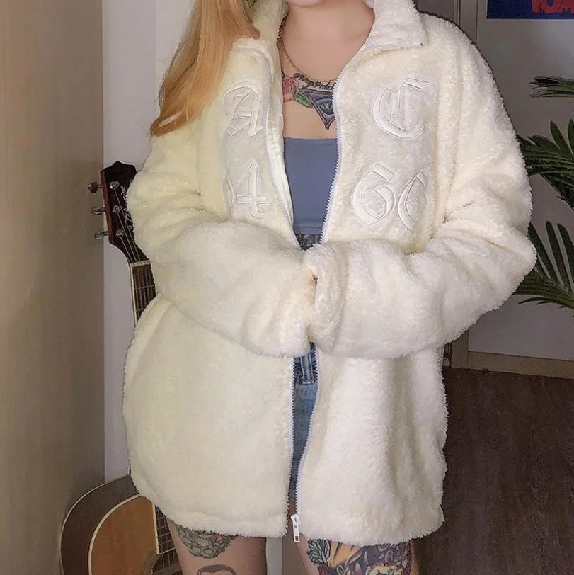 

2021 Hot Winter Stuffed Women's Fashionable Jackets Long Sleeves With Zipper To Casual Female Blouses Fluffy Letter Embroidered
