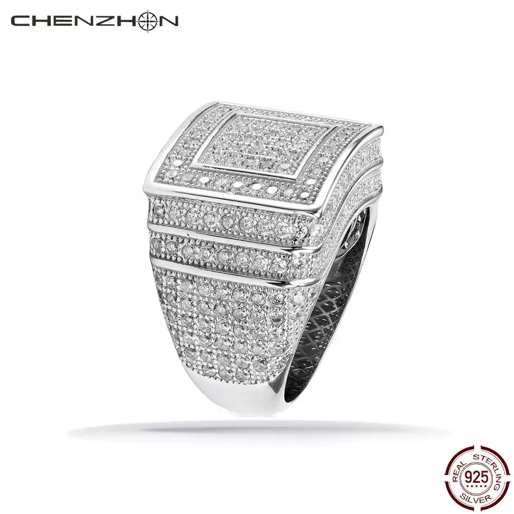 

Мужские серебряные кольца CHENZHON 925 пробы, большие кольца в стиле хип-хоп рок-кольца с микрозакрепкой из фианита, украшения в стиле панк, тонки...