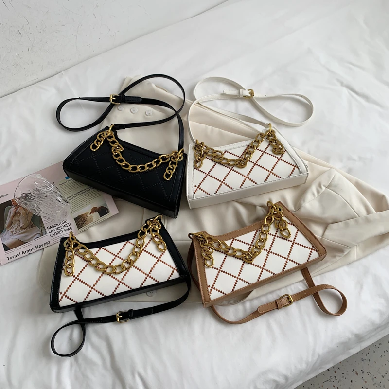 

Women fashion PU leather chains shoulder bags ladies color contrast design handbags new diamond lattice crossbody bags 2021