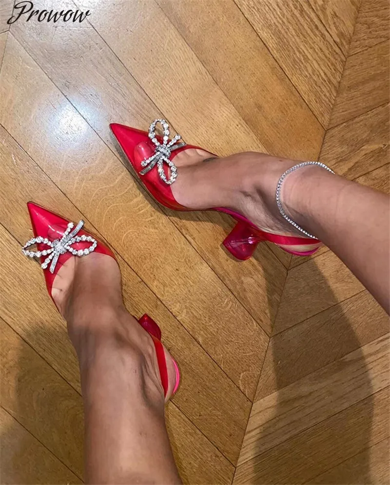 

Prowow Luxury Women Sandals Butterfly Rhinestone Embellished Pink PVC Clear Glass Heel Gladiator Sandals Celebrity Shoes