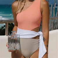 ribbed high waist one shoulder swimsuit women sexy cut out bandage belt one piece swimwear swim wear bath suit 2021 monokini