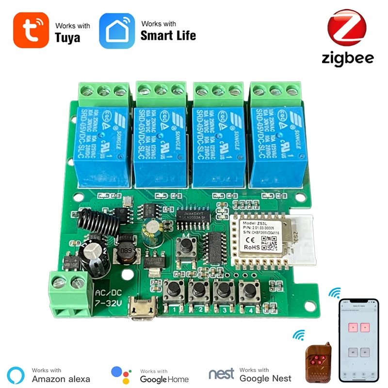 Смарт Zigbee переключатель 4 канала модуль усилителя с RF433 преобразователь