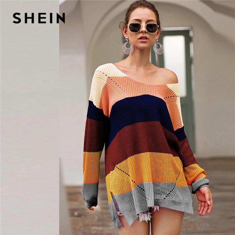 SHEIN Радуга Полосатый Падение плеча Длинный свитер женские топы осень уличная одежда с длинным рукавом V шеи негабаритных Сплит свитера