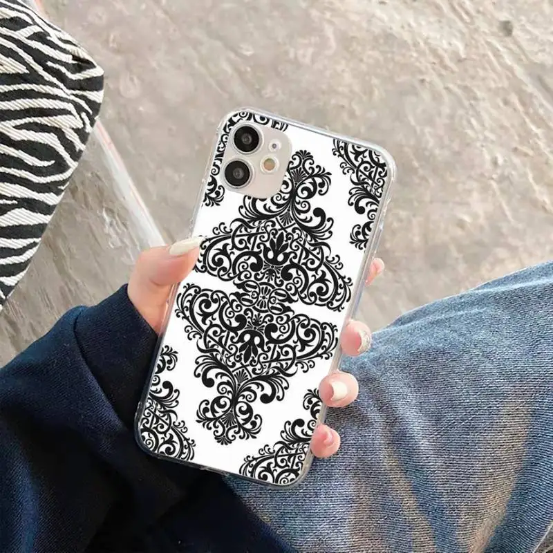 

Phone Case For iphone 12 11 8 7 6s 6 5 5s 5c se plus mini x xs xr pro max Elegant black pattern Transparent soft
